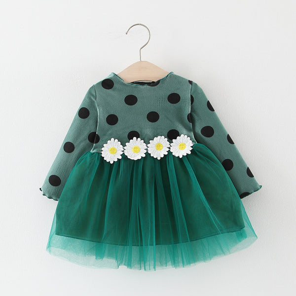 Vestido Princesa Niña Manga Larga con Lunares y Malla Floral