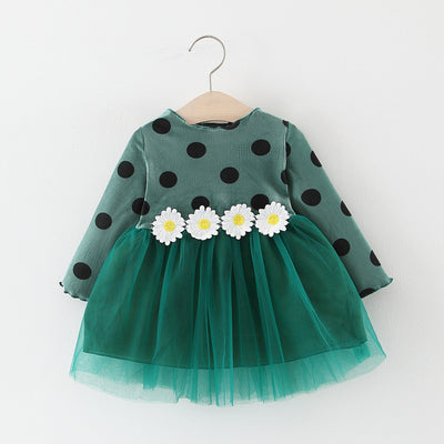 Vestido Princesa Niña Manga Larga con Lunares y Malla Floral