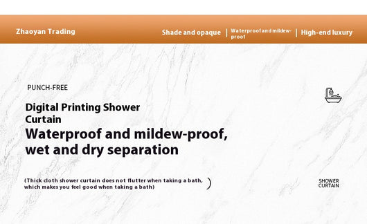 White shower curtain with a vibrant green botanical leaf print, hanging in a bright, modern bathroom. - Image 7