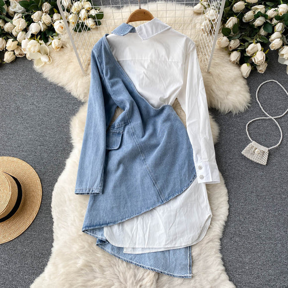 Vestido Camisero Denim con Costuras Irregulares
