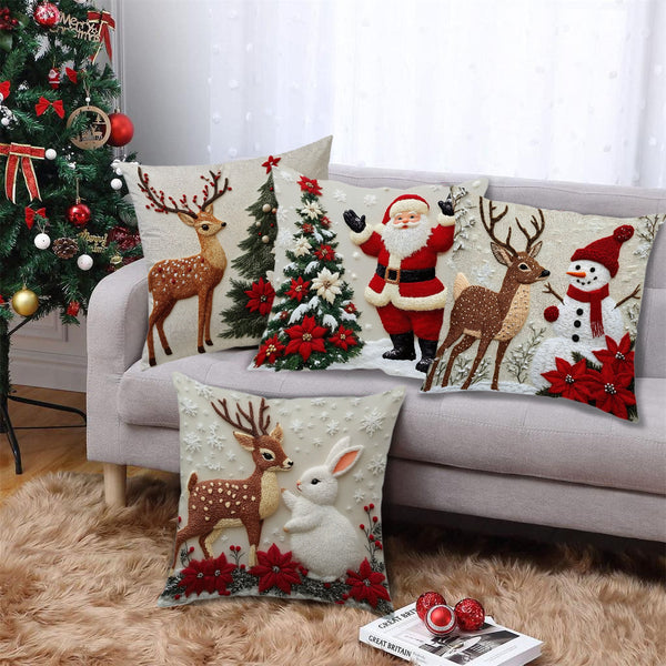 Funda de Cojín Navideño con Diseño de Alce y Conejo - Decoración Lino para Sofá