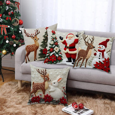 Funda de Cojín Navideño con Diseño de Alce y Conejo - Decoración Lino para Sofá