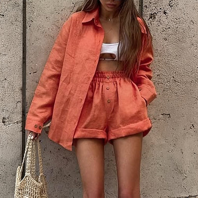 Conjunto Vintage de Camisa y Shorts Lisos Estilo Francés para Mujer - Image 3