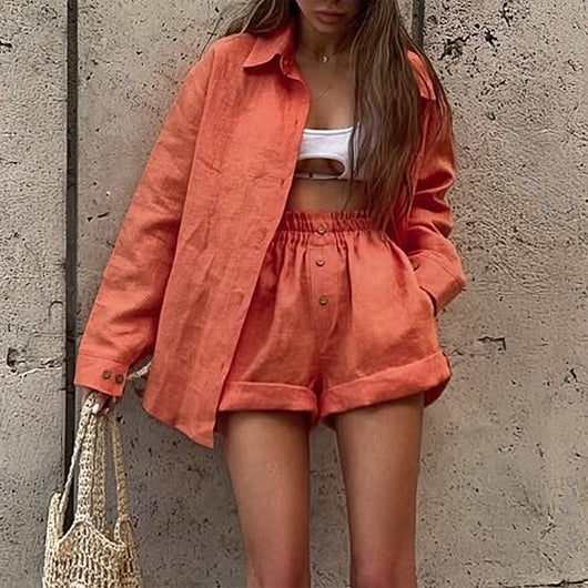Conjunto Vintage de Camisa y Shorts Lisos Estilo Francés para Mujer - Image 3