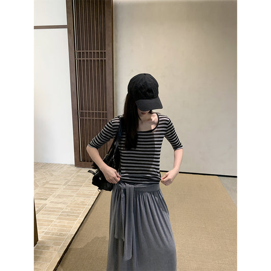 Blusa Rayada Cuello U Manga Media Elástica para Mujer - Image 2