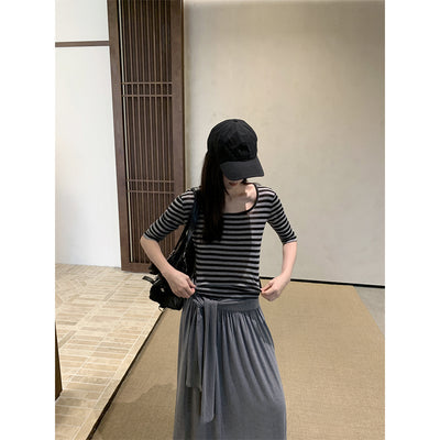 Blusa Rayada Cuello U Manga Media Elástica para Mujer - Image 2