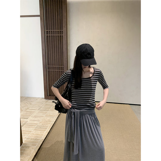 Blusa Rayada Cuello U Manga Media Elástica para Mujer - Image 2