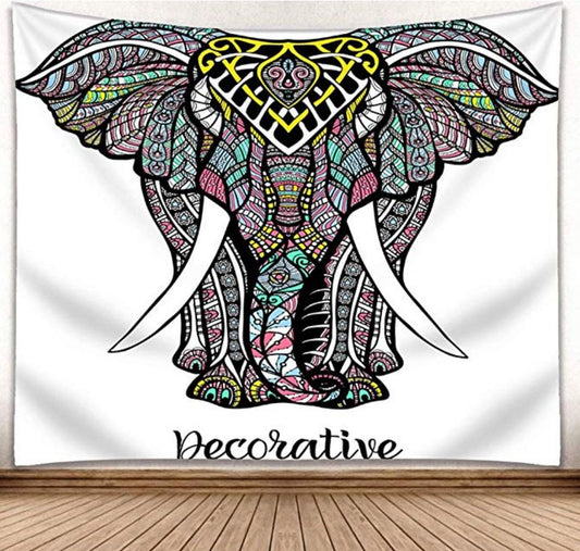 Colorful bohemian elephant tapestry with intricate patterns in pink, blue, green, yellow, and black on a white background.