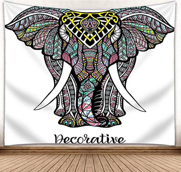 Colorful bohemian elephant tapestry with intricate patterns in pink, blue, green, yellow, and black on a white background.