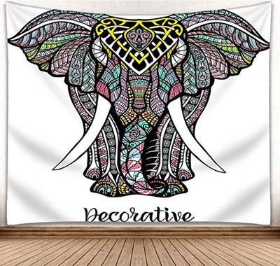 Colorful bohemian elephant tapestry with intricate patterns in pink, blue, green, yellow, and black on a white background.