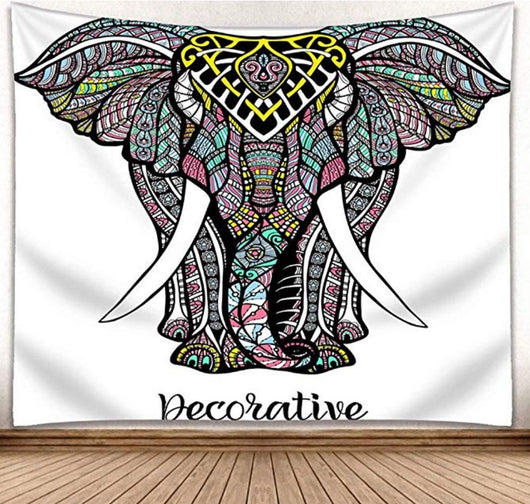 Colorful bohemian elephant tapestry with intricate patterns in pink, blue, green, yellow, and black on a white background.