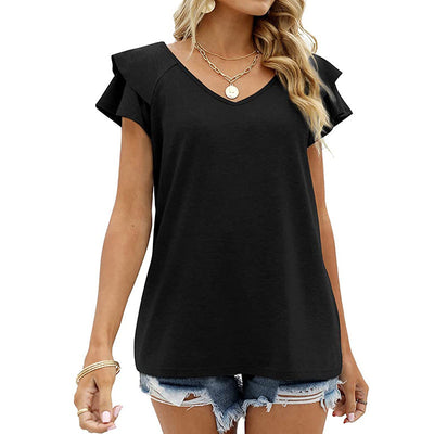Blusa Cuello V Doble Capa Hoja de Loto Manga Corta para Dama - Image 23