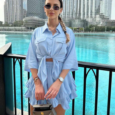 Conjunto Elegante: Blusa Manga Corta con Cuello Solapa y Falda Plisada - Image 18