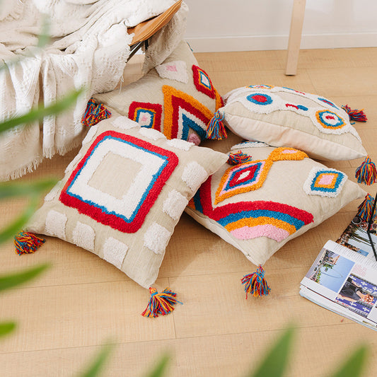 Funda de Almohada con Diseño Geométrico y Borlas
