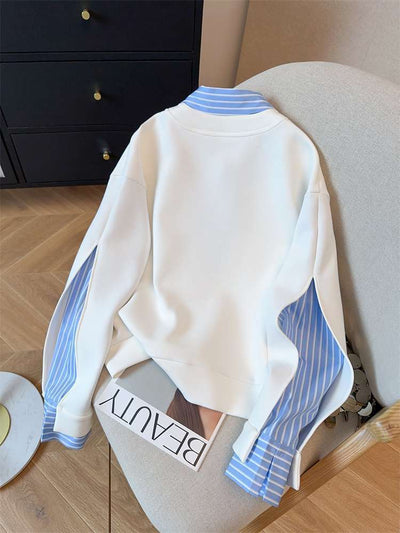 Sudadera Tipo Camisa con Cuello Patchwork y Rayas Superpuestas - Image 9