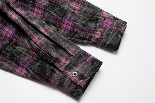 Camisa de Cuadros Tie-Dye Desgastada de Manga Larga para Hombre - Image 11
