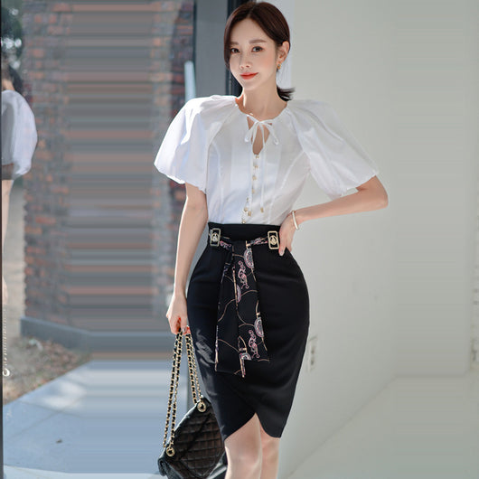 Conjunto Elegante Blusa Manga Abullonada y Falda Cintura Alta con Cordones - Image 2
