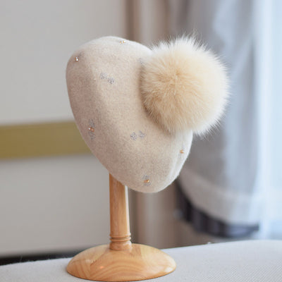 Gorro Vintage de Lana con Pompón de Pelaje de Zorro para Otoño e Invierno - Image 3