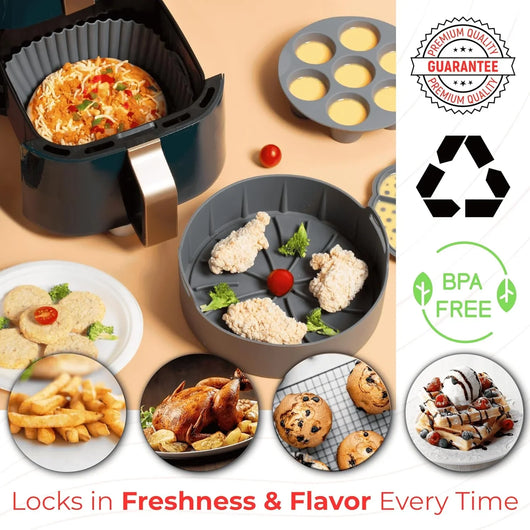 Silicone Air Fryer Liners Set of 5 – Reusable Air Fryer Liners Silicone with Egg Bite Mold, Oven Mitts – Fits 3–5 Qt Non-Stick, Food-Grade, Heat-Resistant - Tekeno