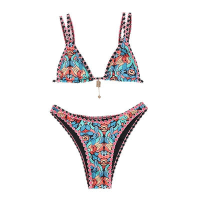 Retro 4-color printed women's bikini with red, blue, and white paisley pattern, featuring a triangle top and high-cut bottom. - Image 5