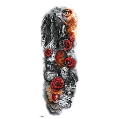 Full arm temporary tattoo sticker with a black, red, and light blue tribal design, featuring abstract shapes and patterns. - Image 14