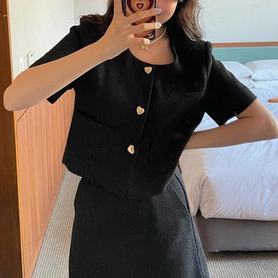 Traje Falda Tweed Elegante Botón Corazón Manga Corta Línea A - Image 3