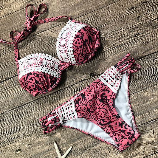 Bikini Deportivo Push-up con Encaje para Mujer - Traje de Baño Halter Sexy