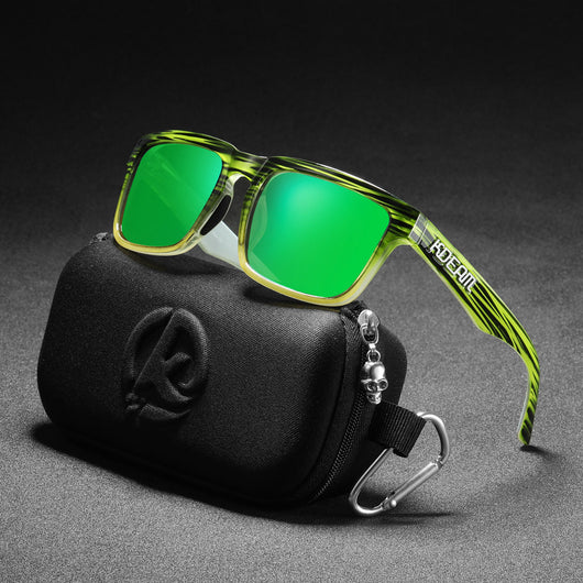 Men's and women's dazzling blue and black striped polarized sunglasses with gray lenses and a black case. - Image 5