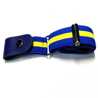 Black buckle-free elastic belt with snap closures worn on blue jeans, featuring a bonus gold-colored metal buckle. - Image 10