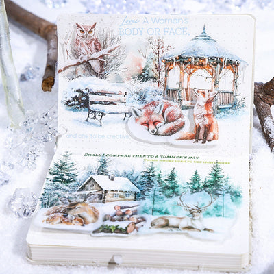 A set of 25 PET stickers featuring winter landscapes, ice castles, deer, wolves, and an ice queen in a snowy fantasy theme.