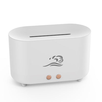 White simulated flame humidifier with a golden wave logo, emitting orange light and mist, on a dark green background. - Image 9