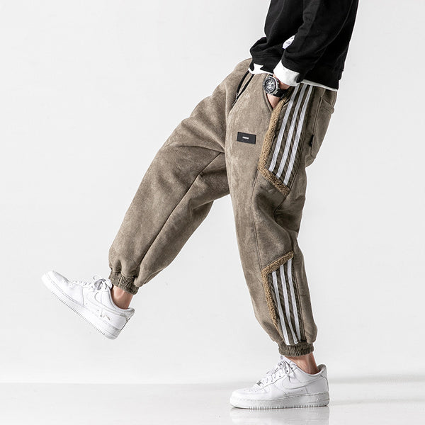 Pantalones Casuales de Gamuza con Forro Térmico y Diseño Retro Japonés