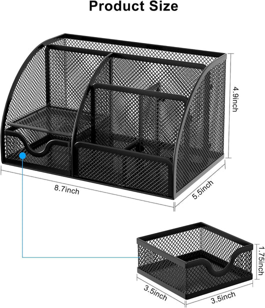 Organizador de escritorio EasyPAG de malla – Multifuncional, 6 compartimientos con cajón, ideal para papelería escolar y oficina, color negro - Tekeno