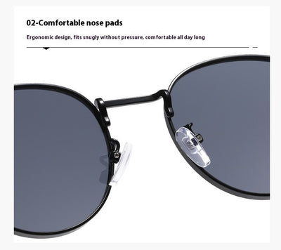 Silver metal round frame sunglasses with dark grey lenses and black temples, offering UV protection for women. - Image 24