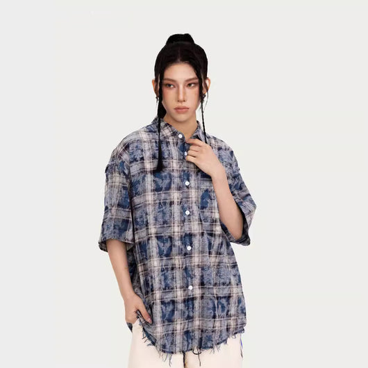Camisa Americana Tie-dye Cuadros Manga Corta con Estilo - Image 12