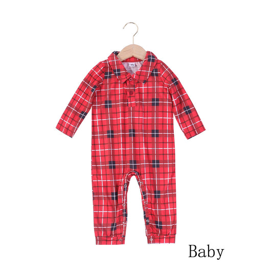 Red, black, and white plaid long-sleeve baby romper with a collar and snap closures, hanging on a hanger. - Image 17