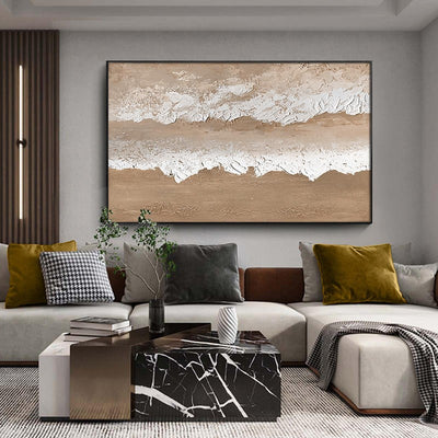 Cuadro Abstracto Grande Óleo Hecho a Mano Textura Marrón Paisaje Playa para Sala de Estar