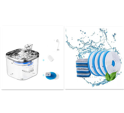 Automatic pet water fountain with clear reservoir, stainless steel top, and flowing water spout, shown with power adapter and filter set. - Image 8
