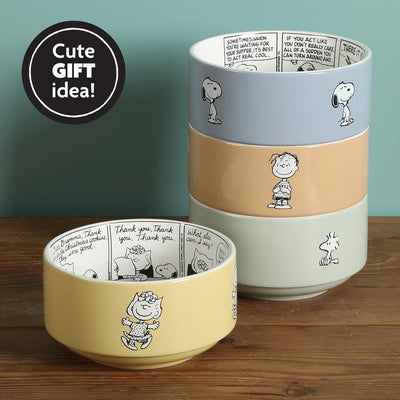 Set de 4 cuencos apilables de gres Peanuts – Snoopy y amigos, 14 cm, aptos para microondas y lavavajillas - Tekeno