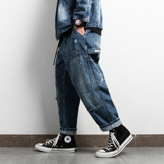 Pantalones Vaqueros Retro Japonés con Salpicaduras de Tinta para Hombre - Image 4