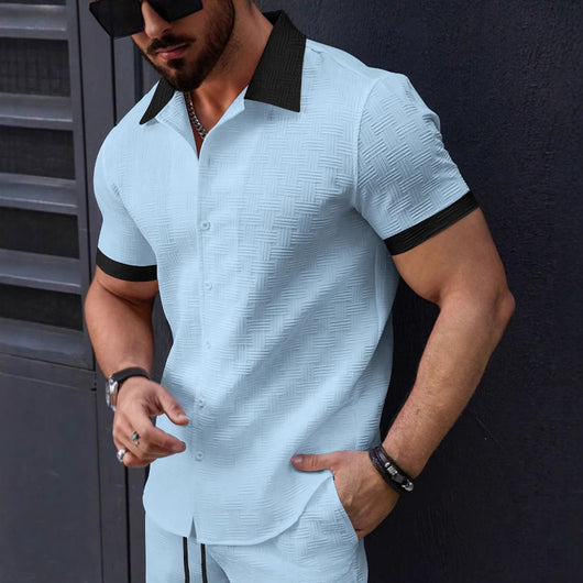 Camisa Casual Hombre Jacquard Bloques de Color Manga Corta
