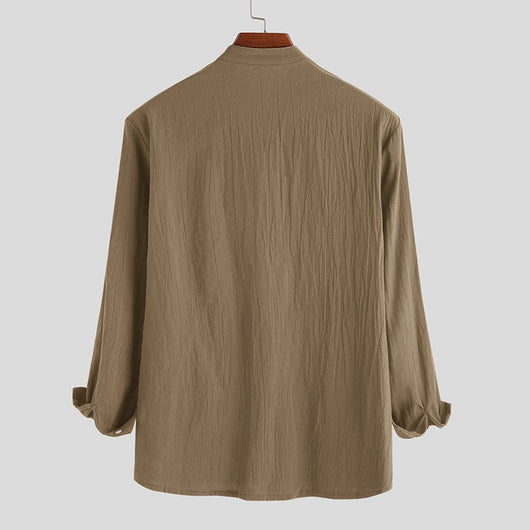 Camisa Holgada de Algodón y Lino Color Sólido Manga Larga - Image 6