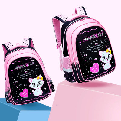 Kids black and pink backpack with a cute white cat print, paired with a matching lunch bag. - Image 4