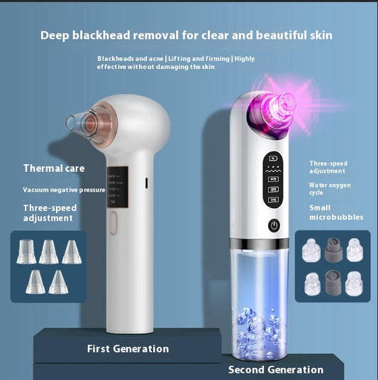 White and silver electric blackhead remover with clear water tank, purple suction head, and multiple probes.