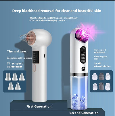 White and silver electric blackhead remover with clear water tank, purple suction head, and multiple probes.