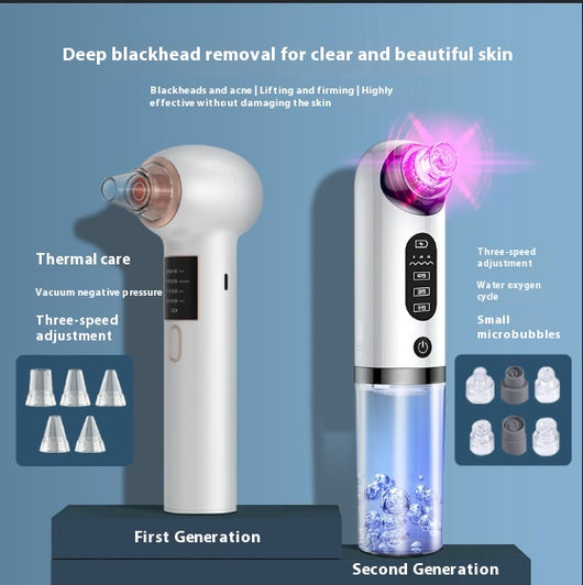 White and silver electric blackhead remover with clear water tank, purple suction head, and multiple probes.
