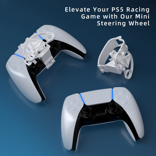 Black mini steering wheel attachment for PS5 controller, shown alone and attached to a white PS5 gamepad. - Image 7
