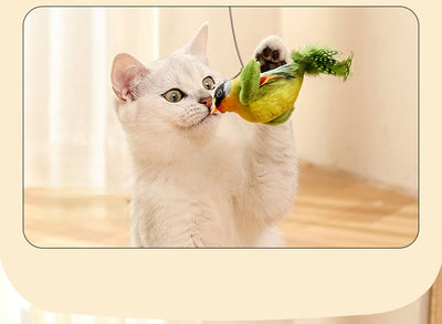 Colorful bird cat toy with green fluffy wings, black head, yellow face, orange beak, and spotted tail feathers. - Image 25