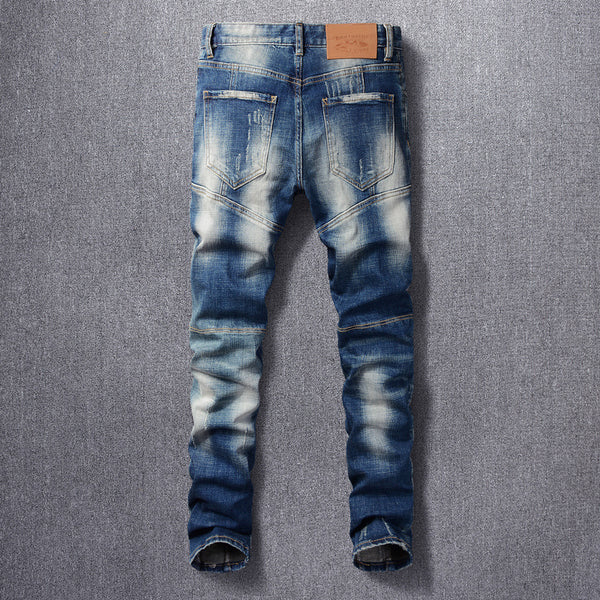 Jeans Slim Vintage Rotos con Parches para Hombre