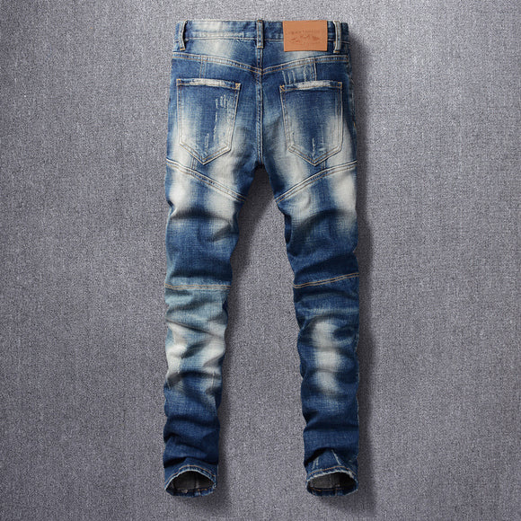 Jeans Slim Vintage Rotos con Parches para Hombre